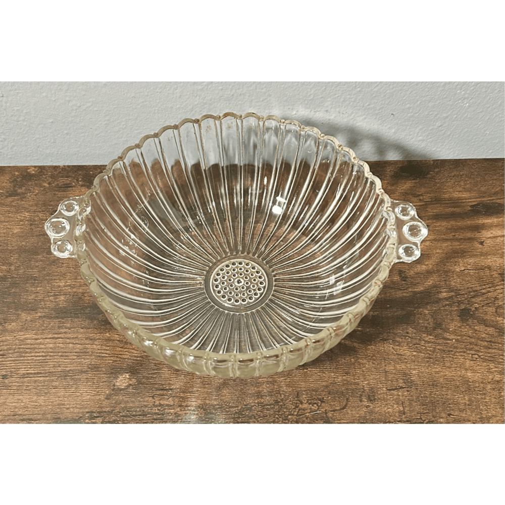 Vintage Ribbed Glass Bowl 9.5" Scalloped Edges Hobnail Bottom & Handles Jeanette